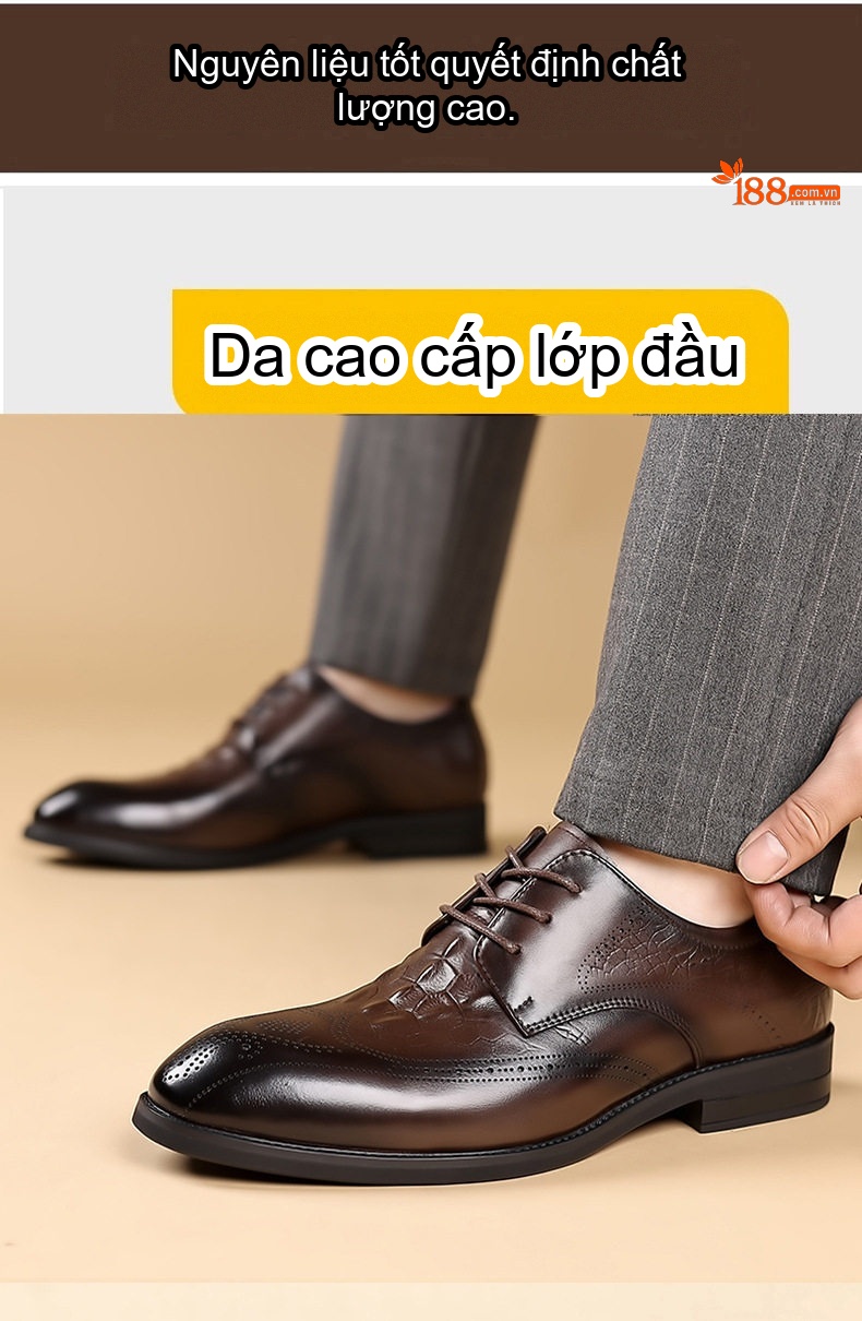 Giày Tây Buộc Dây Nam Da Bò Chiều Cao Đế Khoảng 3cm Màu Nâu, Đen chi tiết 6