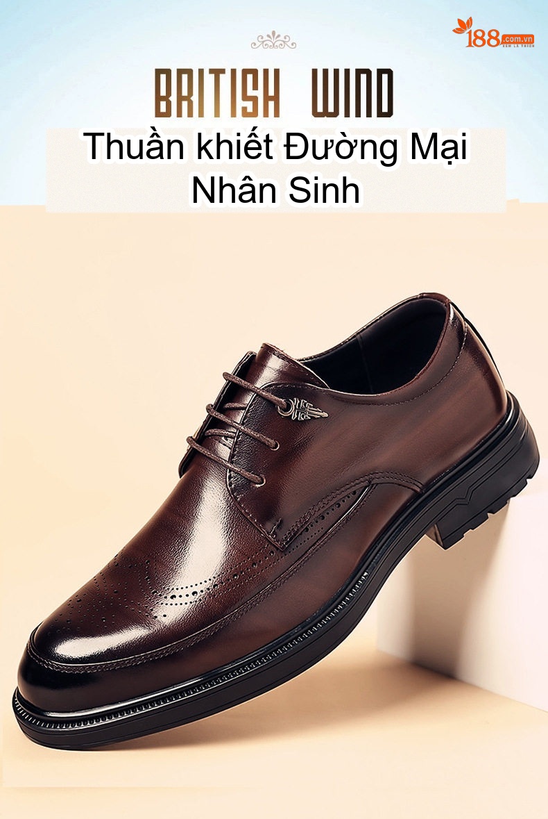 Giày Tây Buộc Dây Nam Da Bò Chiều Cao Đế Khoảng 3cm Màu Nâu, Đen chi tiết 2