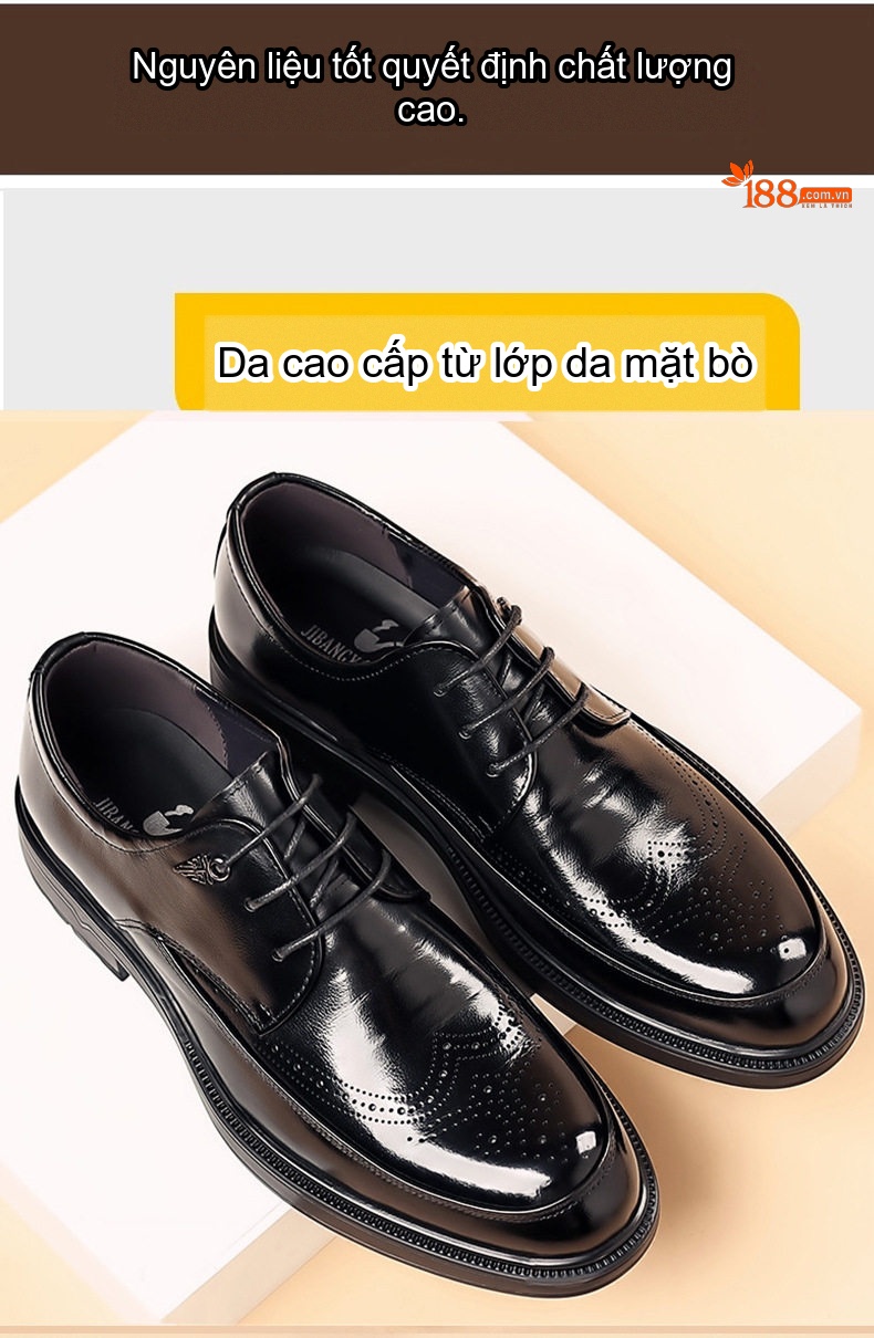 Giày Tây Buộc Dây Nam Da Bò Chiều Cao Đế Khoảng 3cm Màu Nâu, Đen chi tiết 5