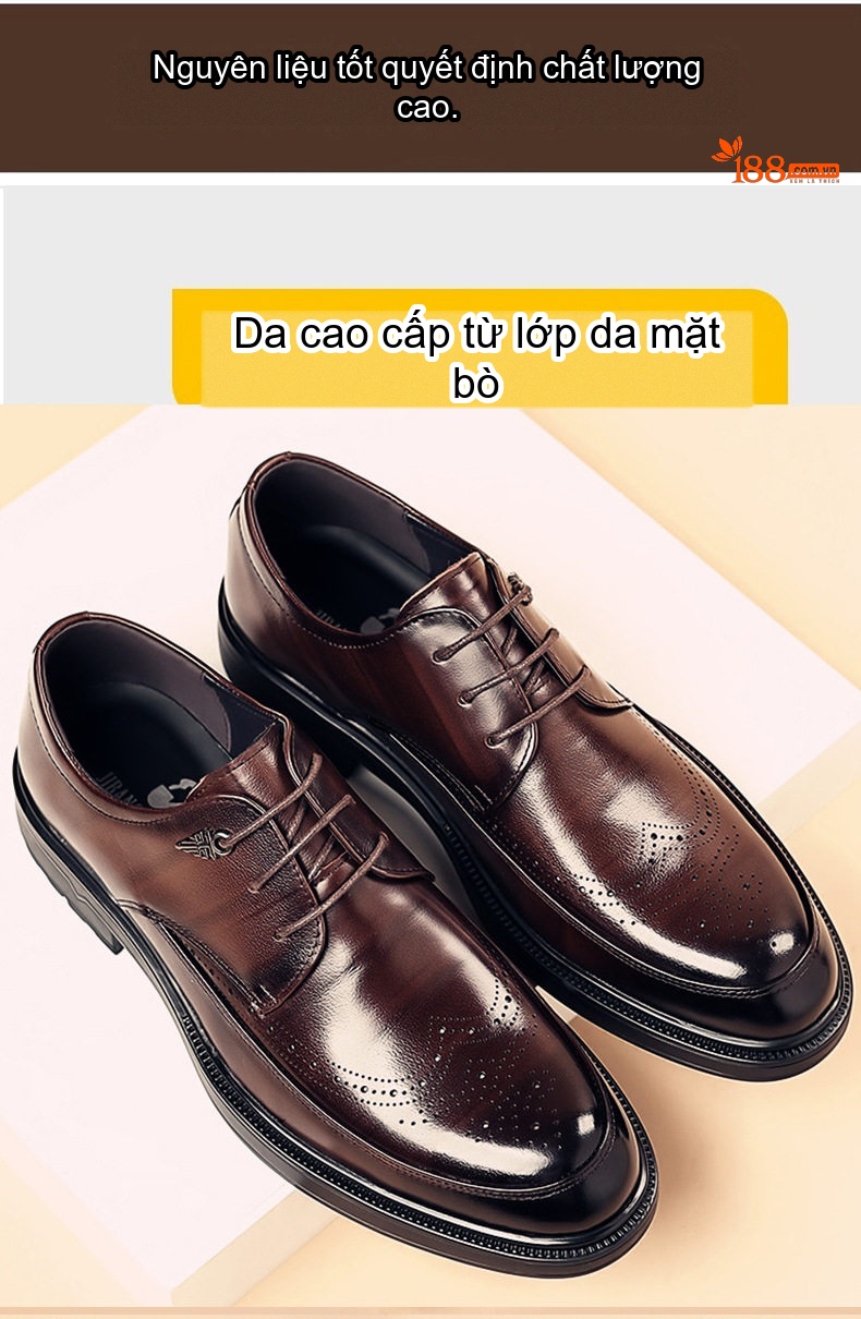 Giày Tây Buộc Dây Nam Da Bò Chiều Cao Đế Khoảng 3cm Màu Nâu, Đen chi tiết 6