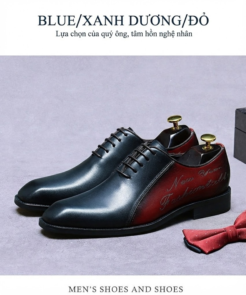 Giày Tây Buộc Dây Nam Da Bò Chiều Cao Đế Khoảng 3cm Màu Nâu Đỏ, Đen chi tiết 4