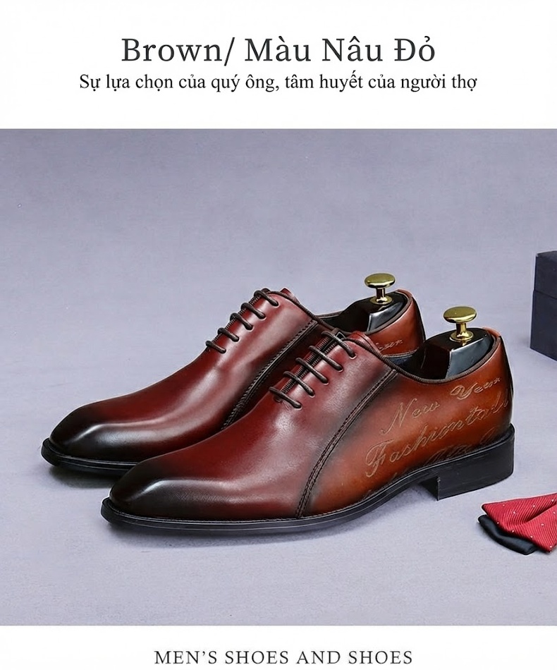 Giày Tây Buộc Dây Nam Da Bò Chiều Cao Đế Khoảng 3cm Màu Nâu Đỏ, Đen chi tiết 11