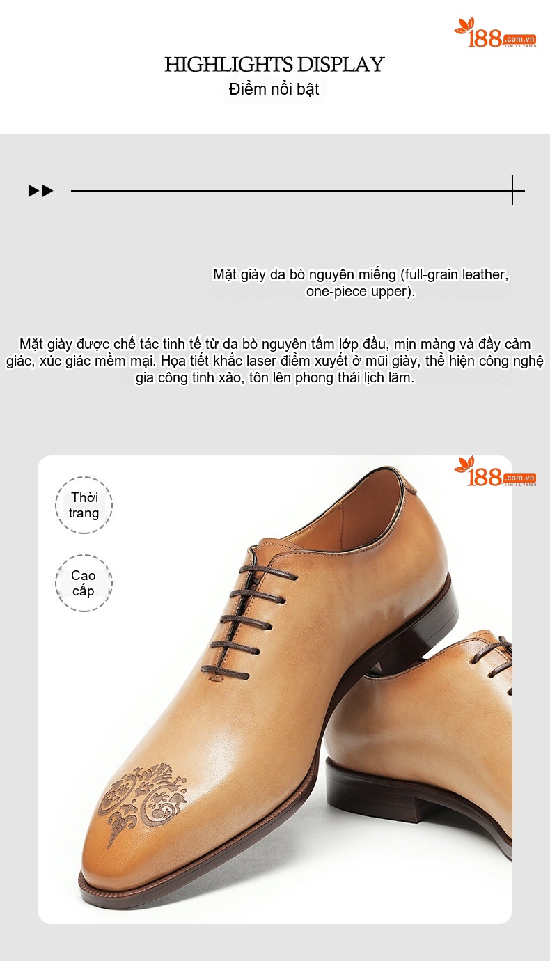 Giày Tây Buộc Dây Nam Da Bò Chiều Cao Đế Khoảng 3cm Màu Nâu Vàng, Đen chi tiết 16