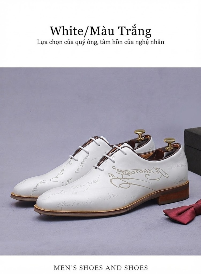 Giày Tây Buộc Dây Nam Da Bò Chiều Cao Đế Khoảng 3cm Màu Trắng, Xám, Kem chi tiết 3