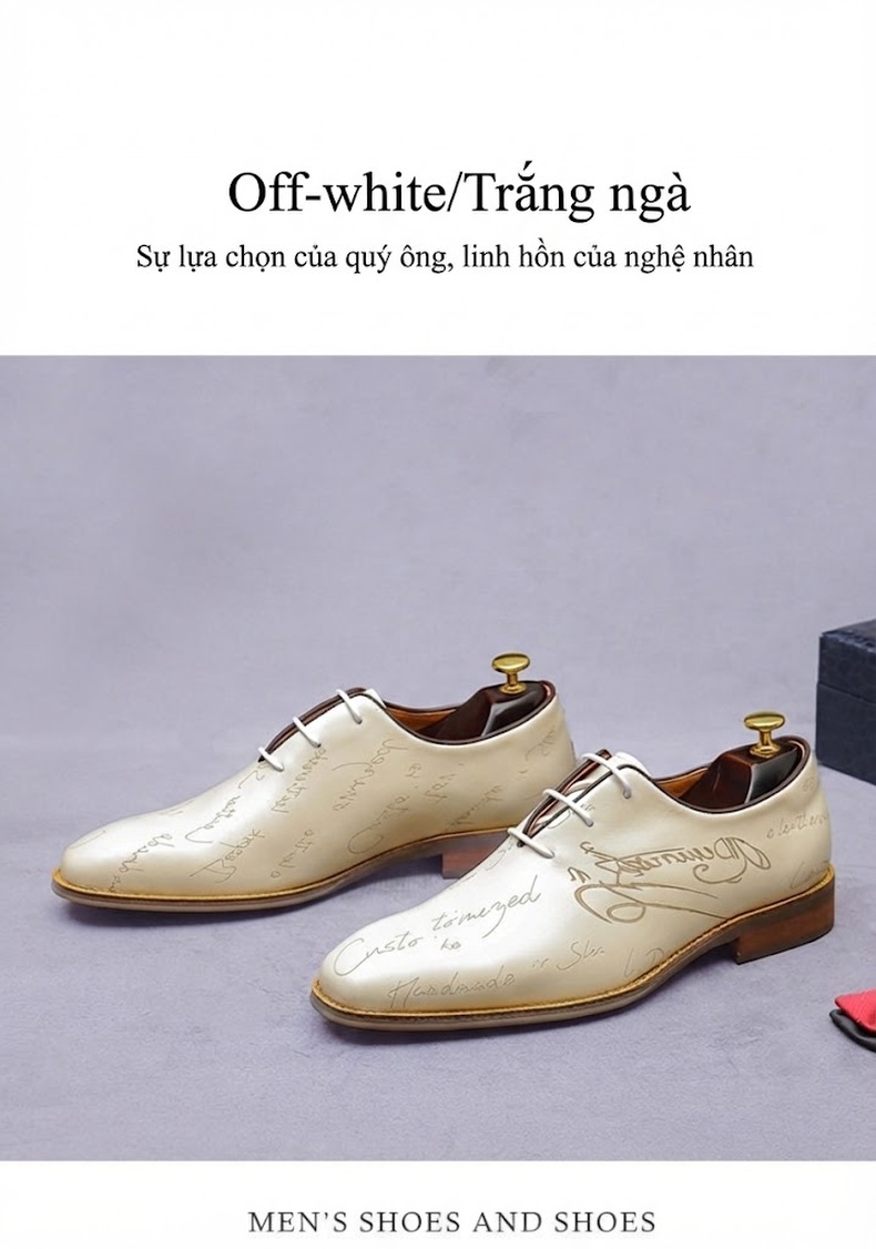 Giày Tây Buộc Dây Nam Da Bò Chiều Cao Đế Khoảng 3cm Màu Trắng, Xám, Kem chi tiết 15