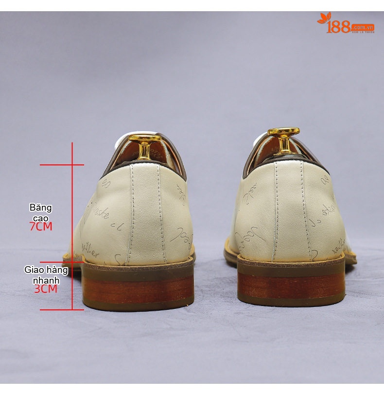 Giày Tây Buộc Dây Nam Da Bò Chiều Cao Đế Khoảng 3cm Màu Trắng, Xám, Kem chi tiết 20