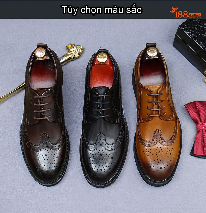 Giày Tây Buộc Dây Nam Da Bò Chiều Cao Đế Khoảng 4cm Kiểu Brogue Màu Đen, Nâu chi tiết 2