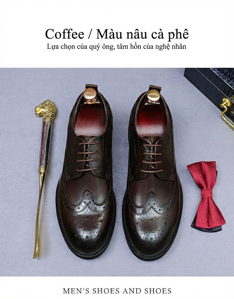 Giày Tây Buộc Dây Nam Da Bò Chiều Cao Đế Khoảng 4cm Kiểu Brogue Màu Đen, Nâu chi tiết 3