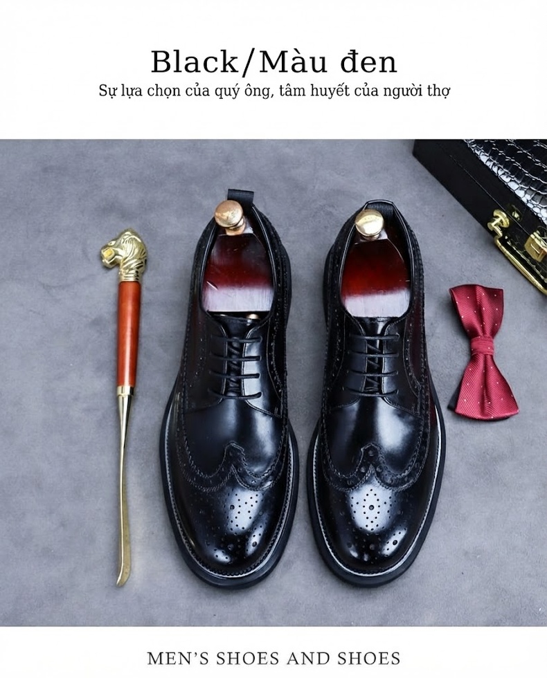 Giày Tây Buộc Dây Nam Da Bò Chiều Cao Đế Khoảng 4cm Kiểu Brogue Màu Đen, Nâu chi tiết 10