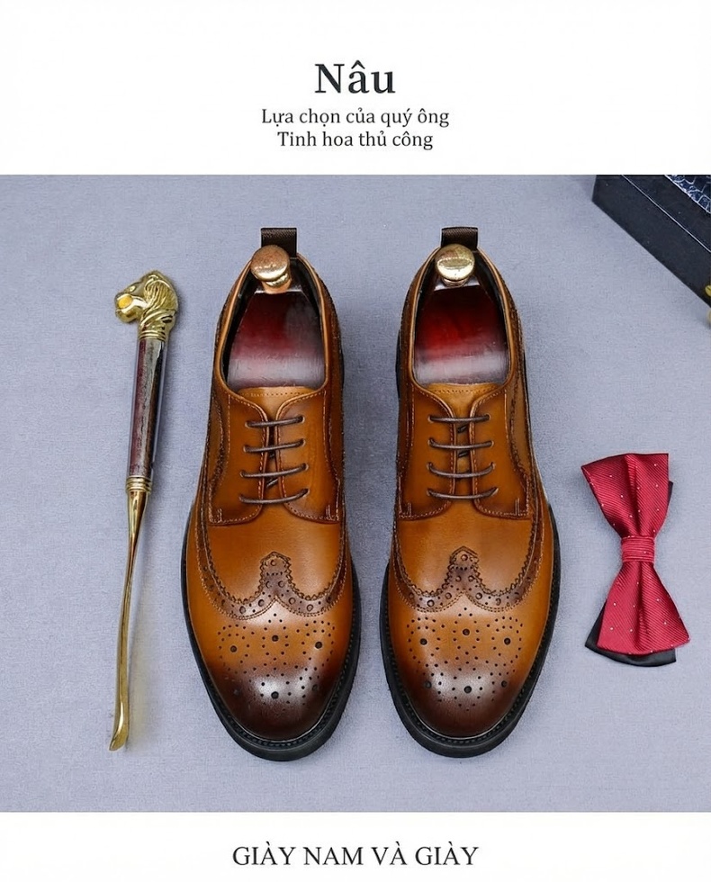 Giày Tây Buộc Dây Nam Da Bò Chiều Cao Đế Khoảng 4cm Kiểu Brogue Màu Đen, Nâu chi tiết 17