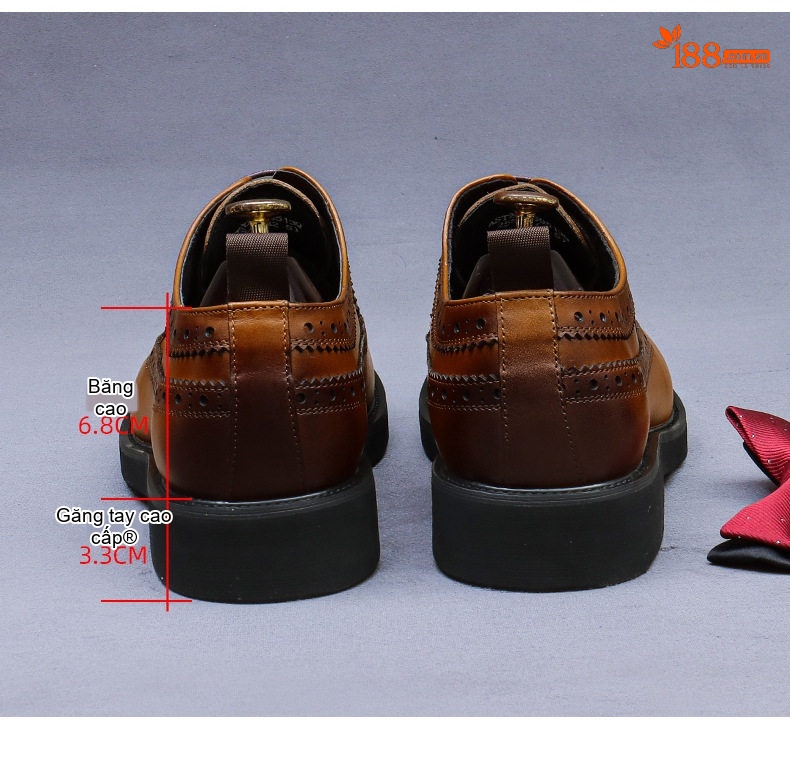 Giày Tây Buộc Dây Nam Da Bò Chiều Cao Đế Khoảng 4cm Kiểu Brogue Màu Đen, Nâu chi tiết 23
