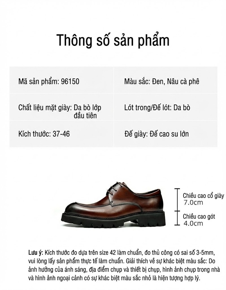 Giày Tây Buộc Dây Nam Da Bò Chiều Cao Đế Khoảng 4cm Màu Đen, Nâu chi tiết 2