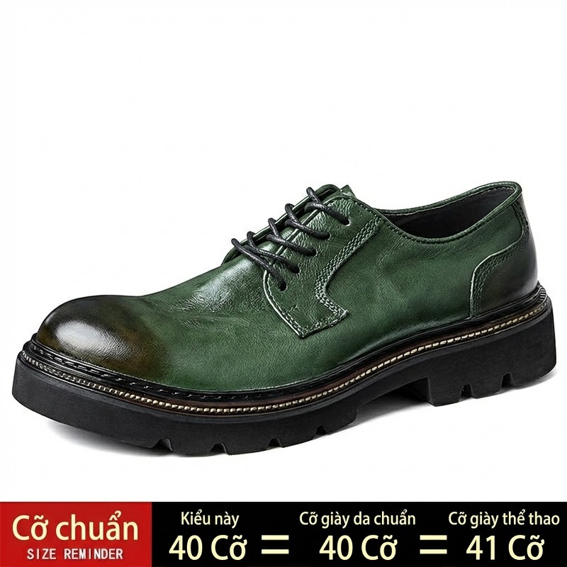 Giày Tây Buộc Dây Nam Da Bò Chiều Cao Đế Khoảng 4cm Màu Nâu, Đen, Xanh Lá