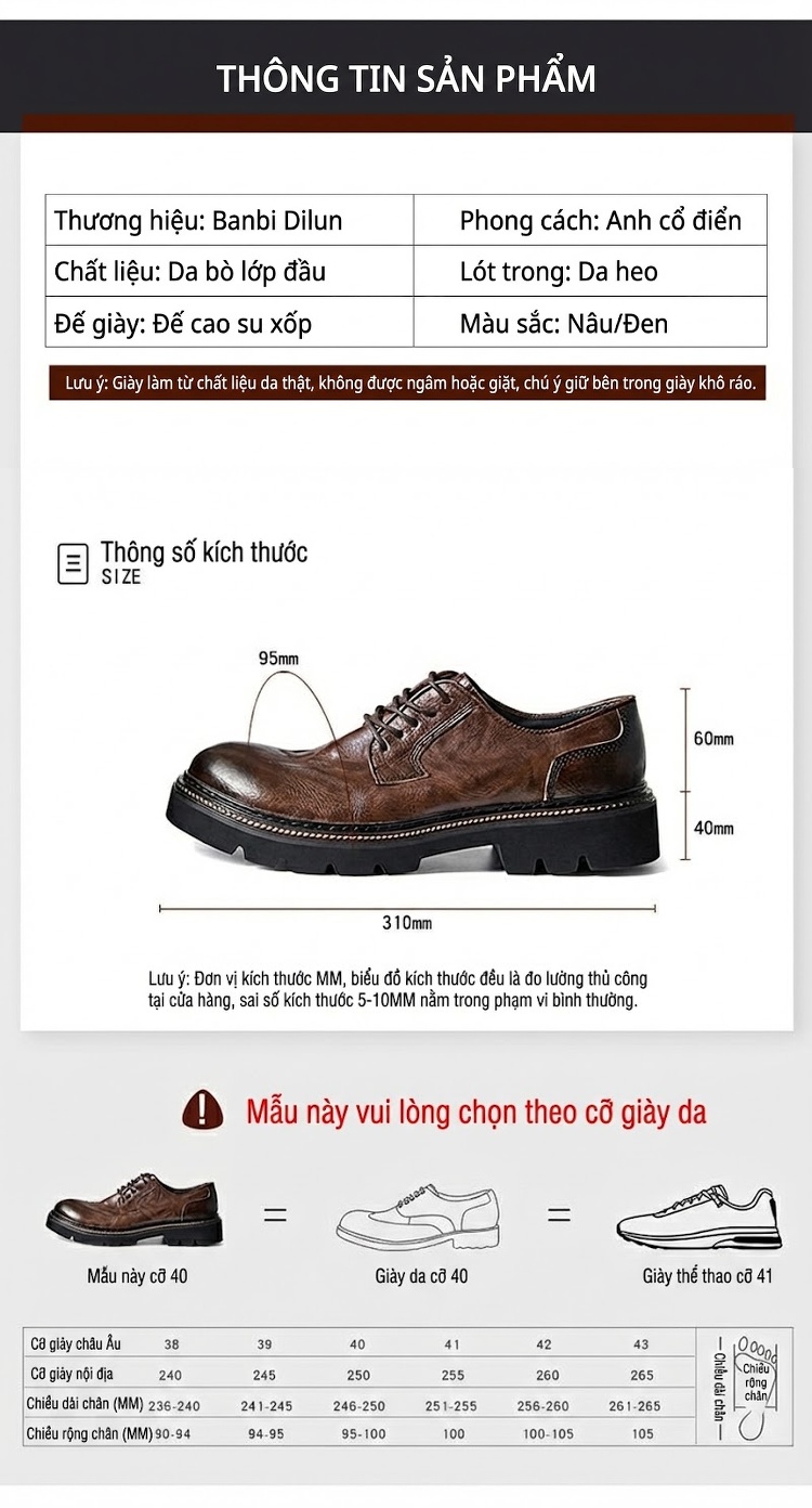 Giày Tây Buộc Dây Nam Da Bò Chiều Cao Đế Khoảng 4cm Màu Nâu, Đen, Xanh Lá chi tiết 4
