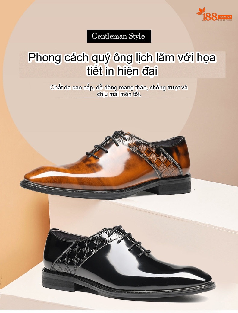Giày Tây Buộc Dây Nam Da Bò Chiều Cao Đế Khoảng 3cm Màu Nâu, Đen, Xanh Navy chi tiết 1