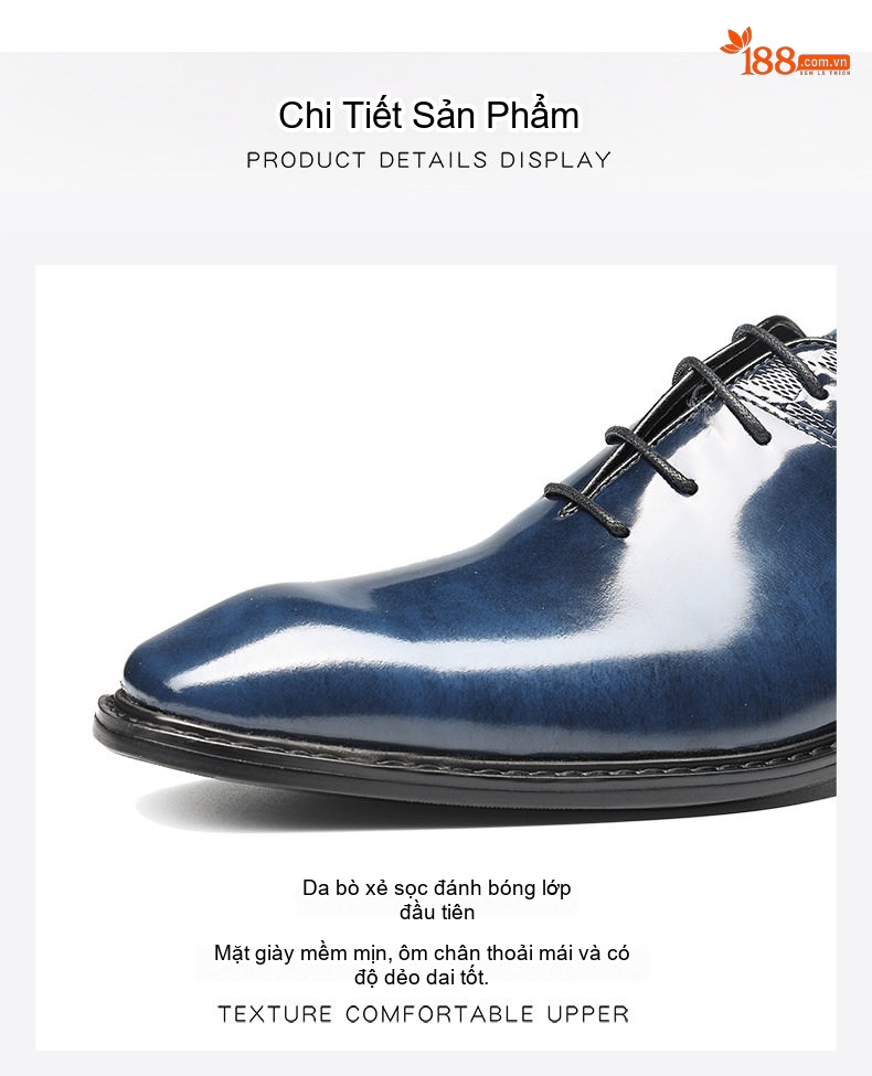 Giày Tây Buộc Dây Nam Da Bò Chiều Cao Đế Khoảng 3cm Màu Nâu, Đen, Xanh Navy chi tiết 2