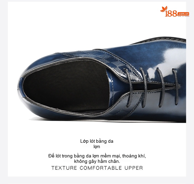 Giày Tây Buộc Dây Nam Da Bò Chiều Cao Đế Khoảng 3cm Màu Nâu, Đen, Xanh Navy chi tiết 3