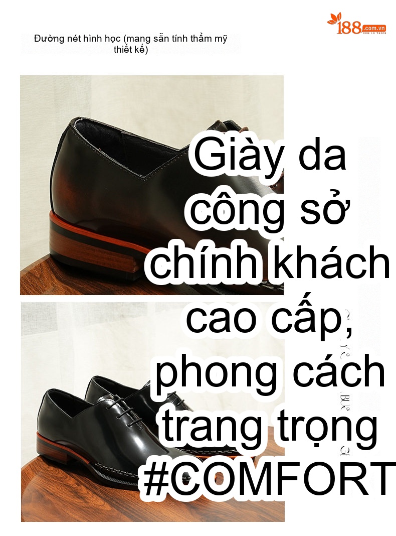 Giày Tây Buộc Dây Nam Da Bò Da Bóng Cao Cấp Chiều Cao Đế Khoảng 3cm Màu Đen, Nâu chi tiết 4