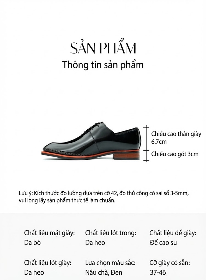 Giày Tây Buộc Dây Nam Da Bò Da Bóng Cao Cấp Chiều Cao Đế Khoảng 3cm Màu Đen, Nâu chi tiết 6