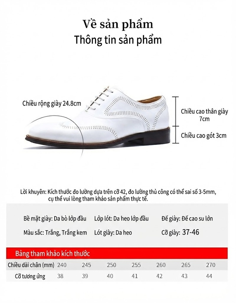 Giày Tây Buộc Dây Nam Da Bò Dập Lỗ Chiều Cao Đế Khoảng 3cm Màu Trắng chi tiết 3