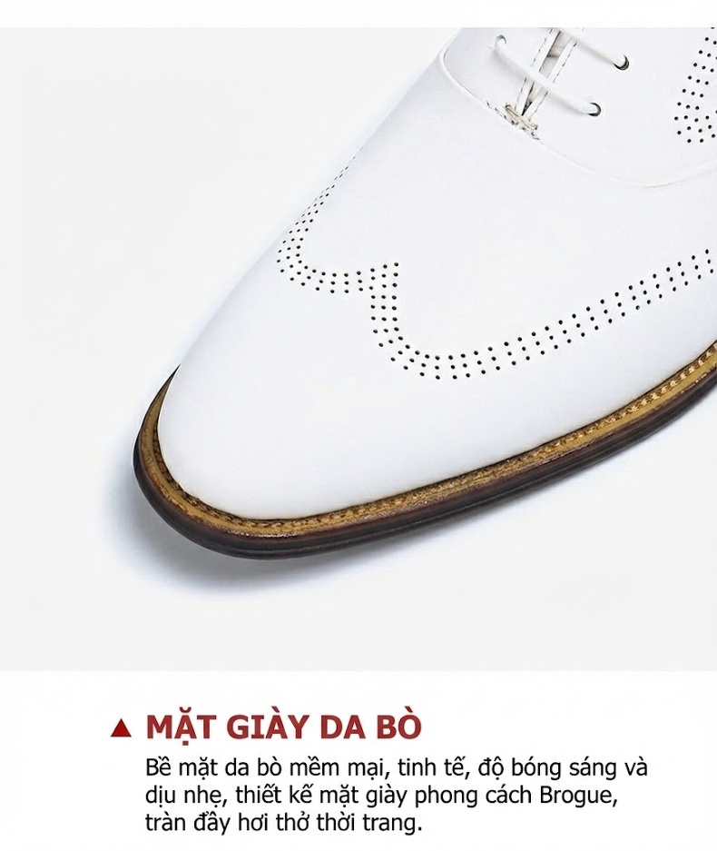 Giày Tây Buộc Dây Nam Da Bò Dập Lỗ Chiều Cao Đế Khoảng 3cm Màu Trắng chi tiết 7