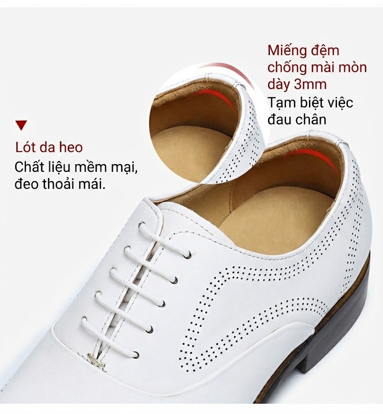 Giày Tây Buộc Dây Nam Da Bò Dập Lỗ Chiều Cao Đế Khoảng 3cm Màu Trắng chi tiết 8