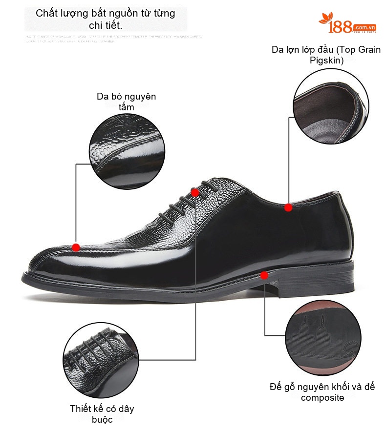 Giày Tây Buộc Dây Nam Da Bò Dập Vân Cá Sấu Chiều Cao Đế Khoảng 3cm Màu Đen, Nâu chi tiết 8