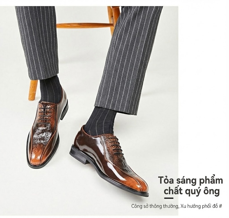 Giày Tây Buộc Dây Nam Da Bò Dập Vân Cá Sấu Chiều Cao Đế Khoảng 3cm Màu Đen, Nâu chi tiết 13