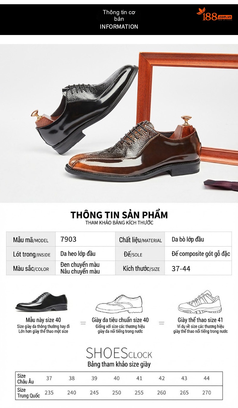 Giày Tây Buộc Dây Nam Da Bò Dập Vân Cá Sấu Chiều Cao Đế Khoảng 3cm Màu Đen, Nâu chi tiết 7