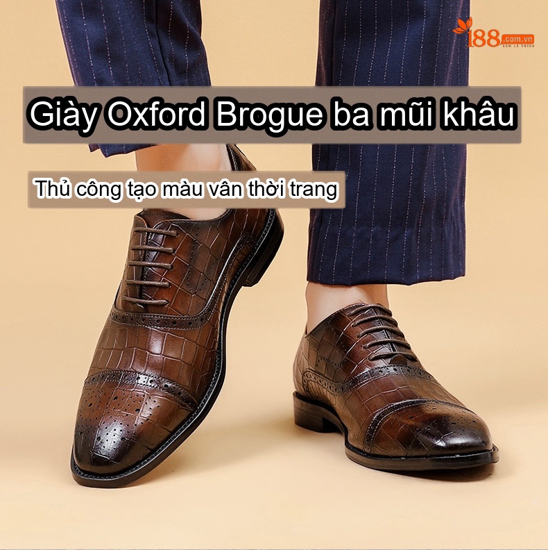 Giày Tây Buộc Dây Nam Da Bò Dập Vân Cá Sấu Chiều Cao Đế Khoảng 3cm Màu Nâu chi tiết 1