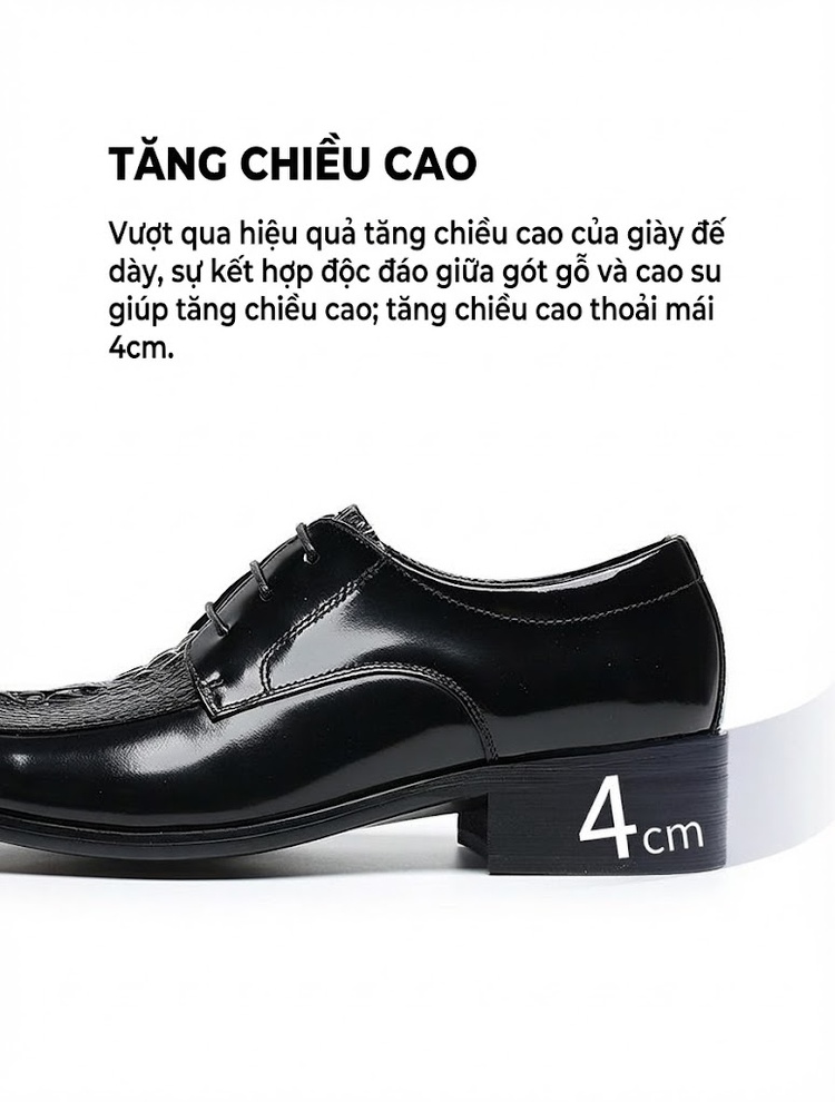 Giày Tây Buộc Dây Nam Da Bò Dập Vân Cá Sấu Chiều Cao Đế Khoảng 4cm Màu Đen, Nâu chi tiết 17