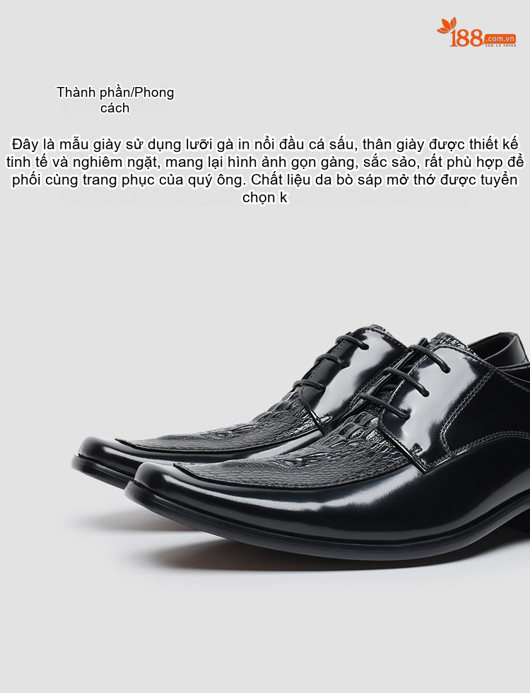 Giày Tây Buộc Dây Nam Da Bò Dập Vân Cá Sấu Chiều Cao Đế Khoảng 4cm Màu Đen, Nâu chi tiết 16