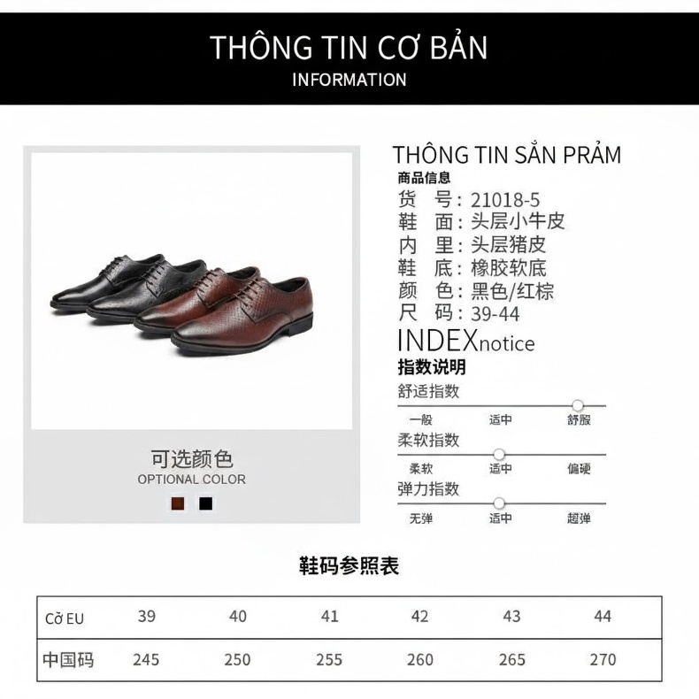 Giày Tây Buộc Dây Nam Da Bò Dập Vân Chiều Cao Đế Khoảng 3cm Màu Đen, Nâu chi tiết 5