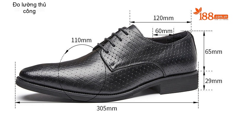 Giày Tây Buộc Dây Nam Da Bò Dập Vân Chiều Cao Đế Khoảng 3cm Màu Đen, Nâu chi tiết 6