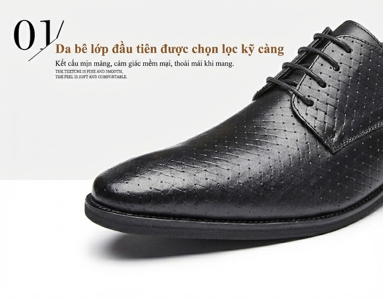 Giày Tây Buộc Dây Nam Da Bò Dập Vân Chiều Cao Đế Khoảng 3cm Màu Đen, Nâu chi tiết 7