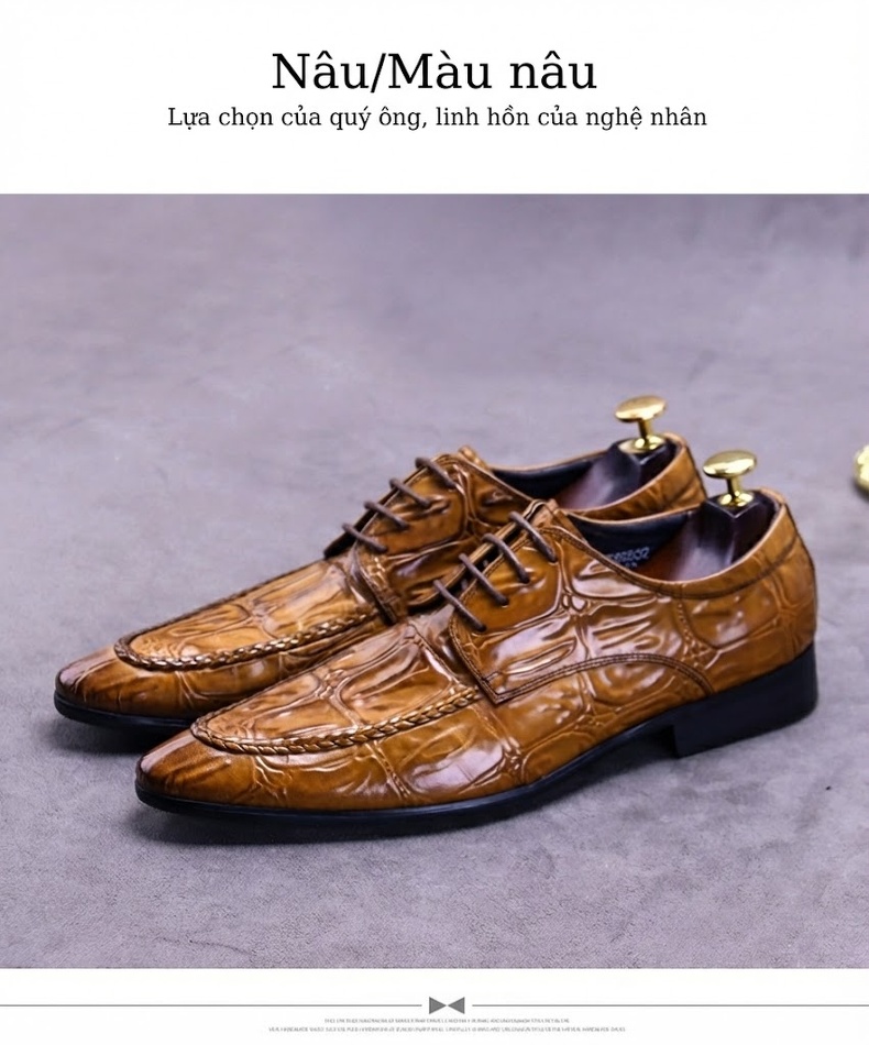 Giày Tây Buộc Dây Nam Da Bò Dập Vân Chiều Cao Đế Khoảng 3cm Màu Đen, Nâu chi tiết 5