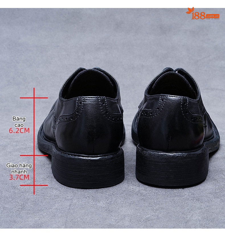 Giày Tây Buộc Dây Nam Da Bò Đầu Tròn Chiều Cao Đế Khoảng 3cm Màu Đen chi tiết 9