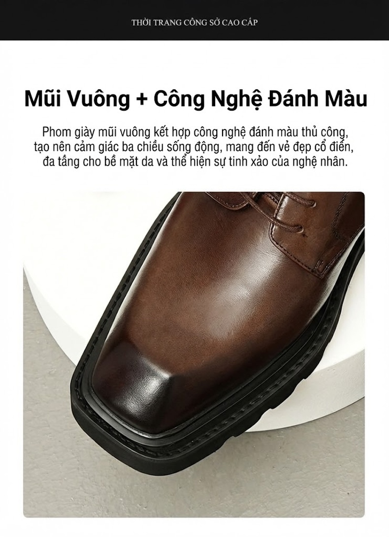 Giày Tây Buộc Dây Nam Da Bò Đế Vuông Chiều Cao Đế Khoảng 4cm Màu Đen, Nâu chi tiết 2
