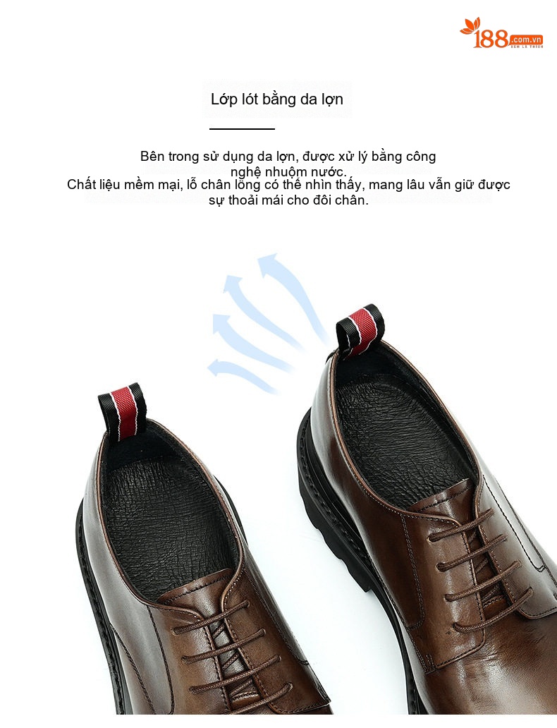 Giày Tây Buộc Dây Nam Da Bò Đế Vuông Chiều Cao Đế Khoảng 4cm Màu Đen, Nâu chi tiết 7