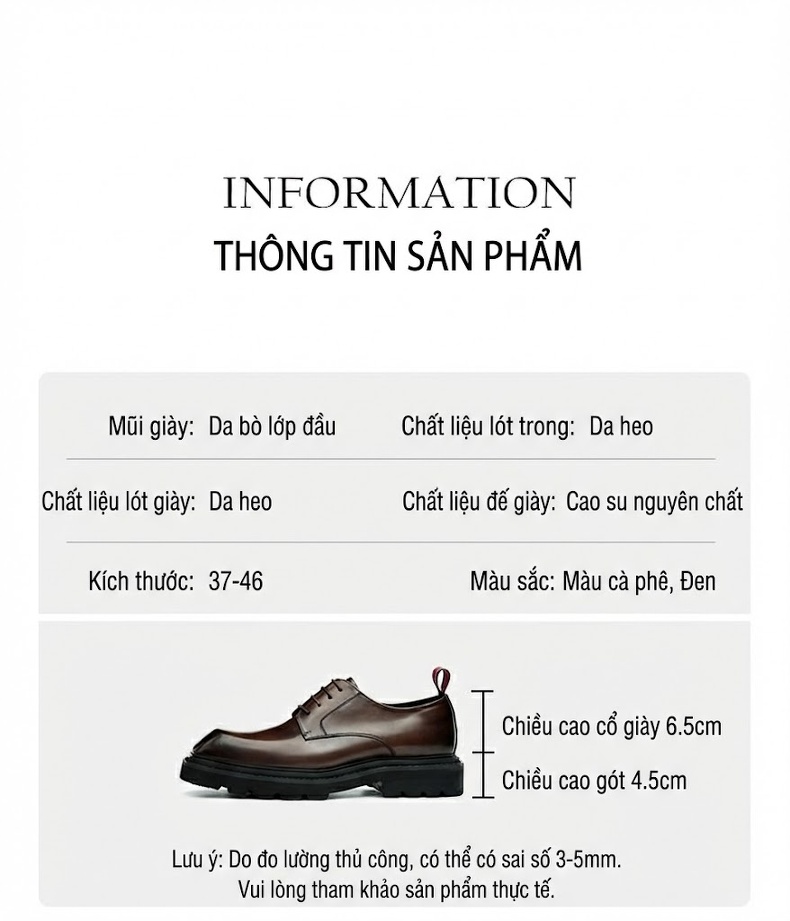Giày Tây Buộc Dây Nam Da Bò Đế Vuông Chiều Cao Đế Khoảng 4cm Màu Đen, Nâu chi tiết 9