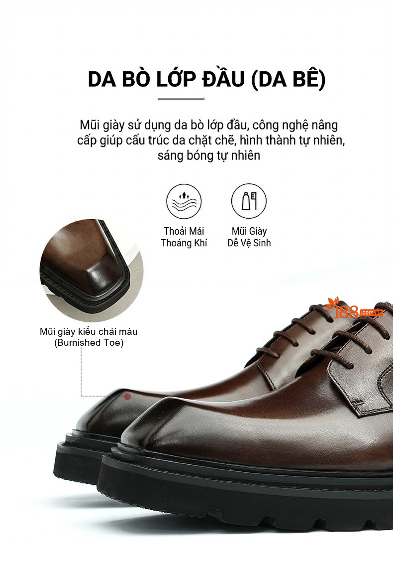 Giày Tây Buộc Dây Nam Da Bò Đế Vuông Chiều Cao Đế Khoảng 4cm Màu Đen, Nâu chi tiết 6