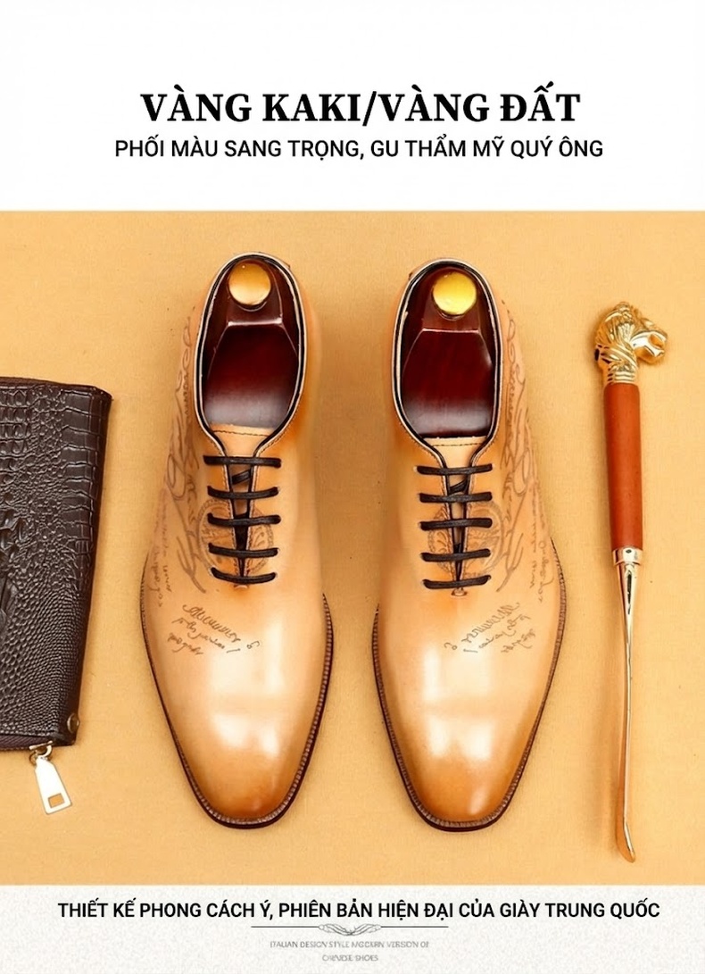 Giày Tây Buộc Dây Nam Da Bò Điêu Khắc Chiều Cao Đế Khoảng 3cm Màu Nâu, Đen chi tiết 13