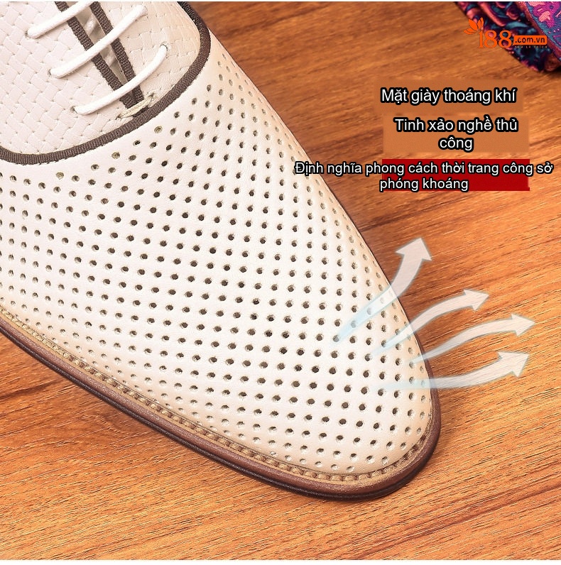 Giày Tây Buộc Dây Nam Da Bò Đục Lỗ Chiều Cao Đế Khoảng 3cm Màu Trắng, Nâu chi tiết 2