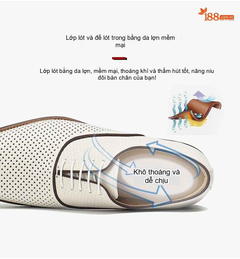 Giày Tây Buộc Dây Nam Da Bò Đục Lỗ Chiều Cao Đế Khoảng 3cm Màu Trắng, Nâu chi tiết 11