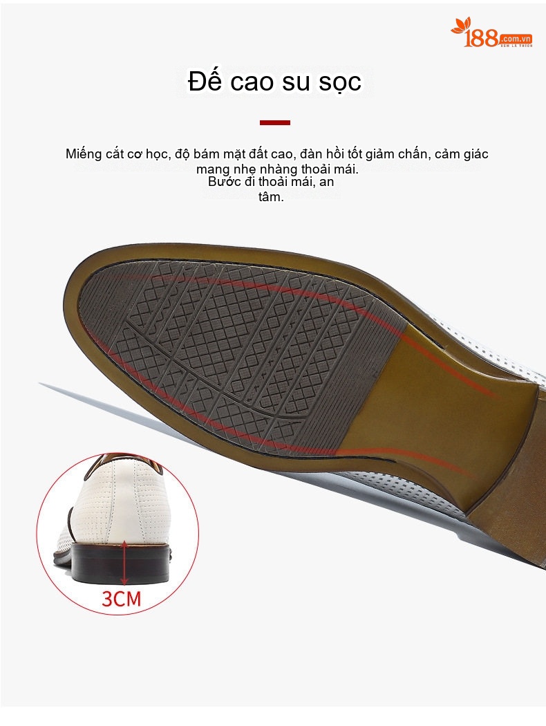 Giày Tây Buộc Dây Nam Da Bò Đục Lỗ Chiều Cao Đế Khoảng 3cm Màu Trắng, Nâu chi tiết 12