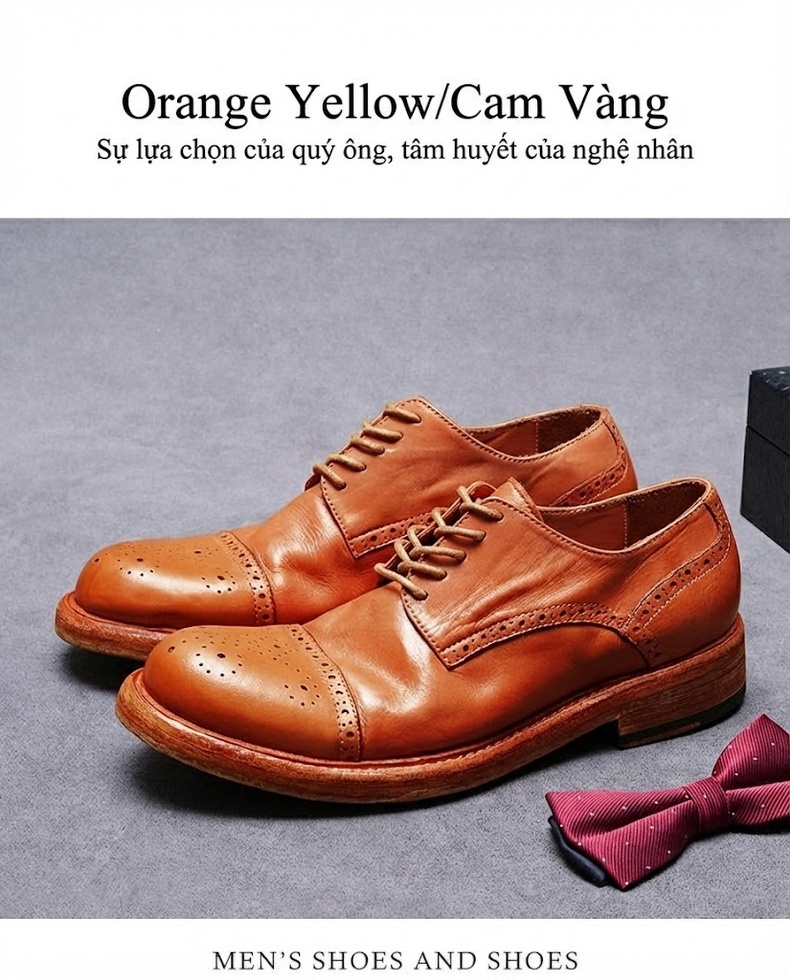 Giày Tây Buộc Dây Nam Da Bò Goodyear Thủ Công Đục Lỗ Chiều Cao Đế Khoảng 3cm Màu Nâu chi tiết 3