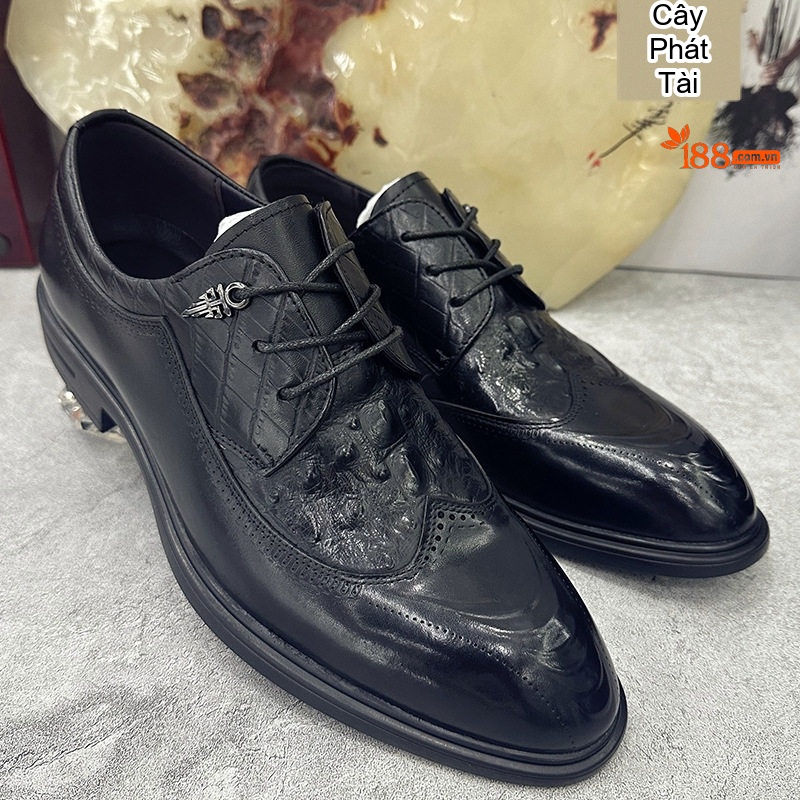 Giày Tây Buộc Dây Nam Da Bò Họa Tiết Brogue Chiều Cao Đế Khoảng 3cm Màu Đen, Nâu chi tiết 5