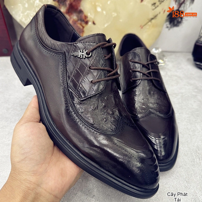 Giày Tây Buộc Dây Nam Da Bò Họa Tiết Brogue Chiều Cao Đế Khoảng 3cm Màu Đen, Nâu chi tiết 7