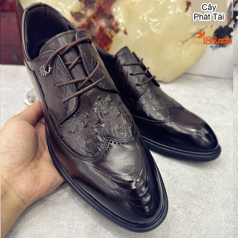 Giày Tây Buộc Dây Nam Da Bò Họa Tiết Brogue Chiều Cao Đế Khoảng 3cm Màu Đen, Nâu chi tiết 8