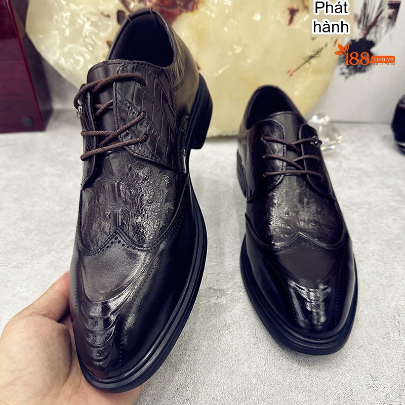 Giày Tây Buộc Dây Nam Da Bò Họa Tiết Brogue Chiều Cao Đế Khoảng 3cm Màu Đen, Nâu chi tiết 10